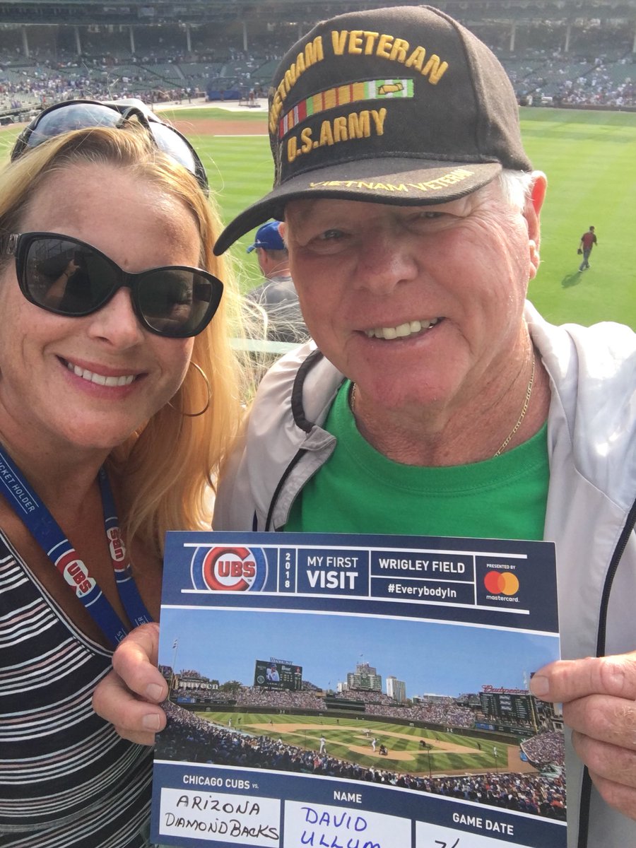 Elle_JustElle's tweet photo. So excited to be with my dad for his first @cubs game at #WrigleyField! #cubs #veteran #Army 
 Looking forward to seeing @The_W_Flag later! #EverybodyIn https://t.co/JY94nLUP1p