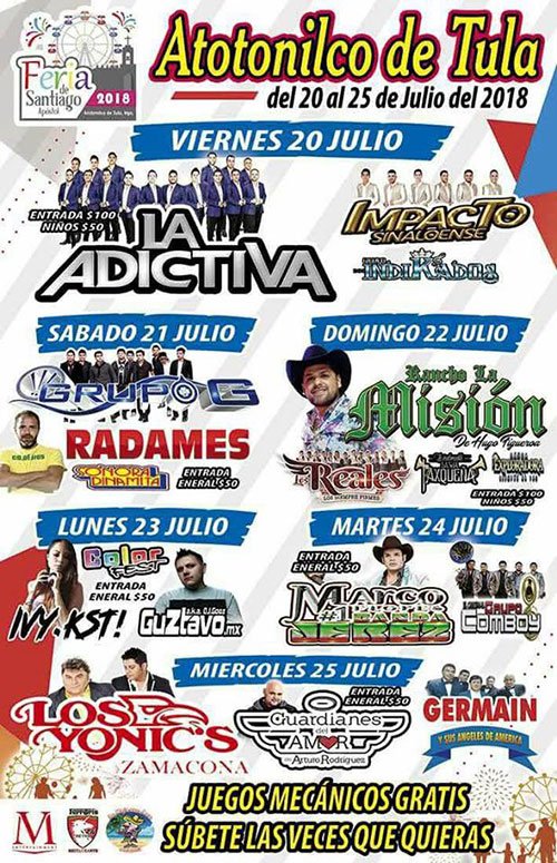 😱Prepárate para el espectacular cierre de la Feria Atotonilco de Tula en el estado de Hidalgo:

☑️Lunes: Color Fest.
☑️Martes: Marco Flores y Banda Jerez.
☑️Miércoles: Los Yonic's. / Guardianes del Amor.

#FeriaAtotonilcodeTula2018 #Hidalgo
dondehayferia.com/feria-atotonil…