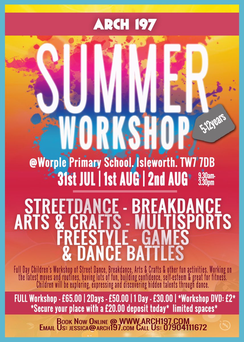 *NEW* 

Arch 197 Summer Workshop 2018 🐰

31ST JULY | 1ST AUG | 2ND AUG
9.30am - 3.30pm 

based in Isleworth, TW7 

SECURE YOUR PLACE TODAY @ 

arch197.com