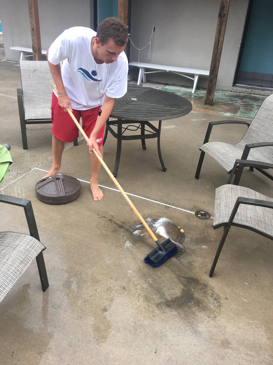 LakevalePool's tweet image. Here is Cole, a hard working @CrystalAquatics lifeguard, scrubbing the deck and cleaning the umbrella bases with HTH. 

#PoolOfTheWeek