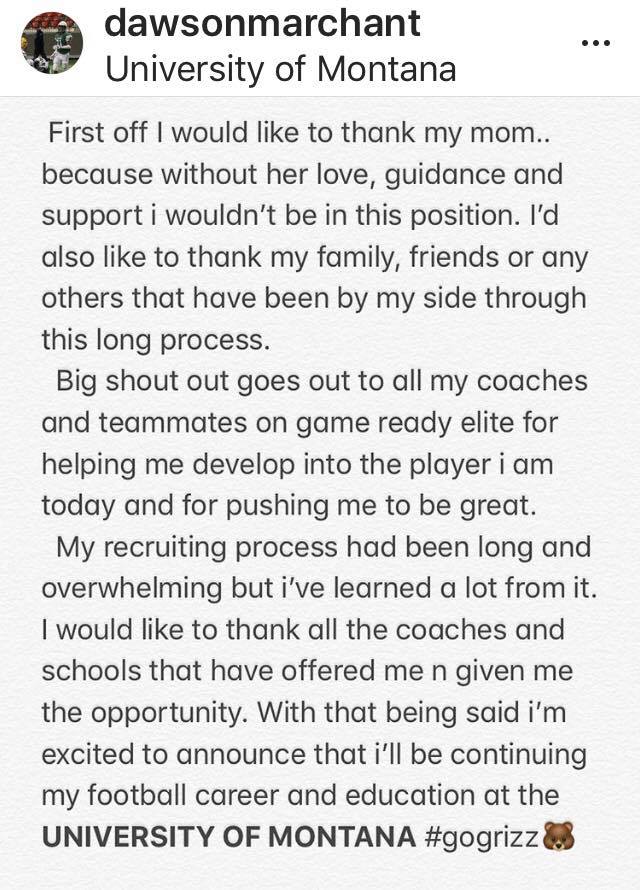 Huge shoutout going to Dawson Marchant (Lord Tweedsmuir) for signing with Div 1 University of Montana Grizzlies in Missoula, Montana. Huge news for a great athlete and great kid.