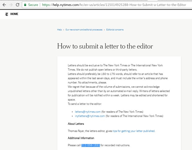 (2)In the  @NYTimes website, the “How to submit a letter to the editor” page has a telephone number (212-556-1831).When called, you hear a series of pre-recorded instructions. https://help.nytimes.com/hc/en-us/articles/115014925288-How-to-Submit-a-Letter-to-the-Editor