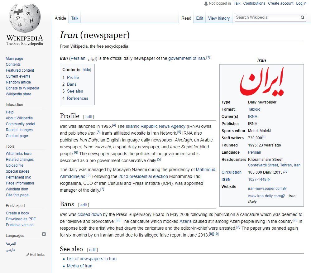 (6)According to Wikipedia, the “Iran” daily is the official daily newspaper of the government of Iran. The Islamic Republic News Agency (IRNA)  @IrnaEnglish owns and publishes  #Iran. https://en.wikipedia.org/wiki/Iran_(newspaper)