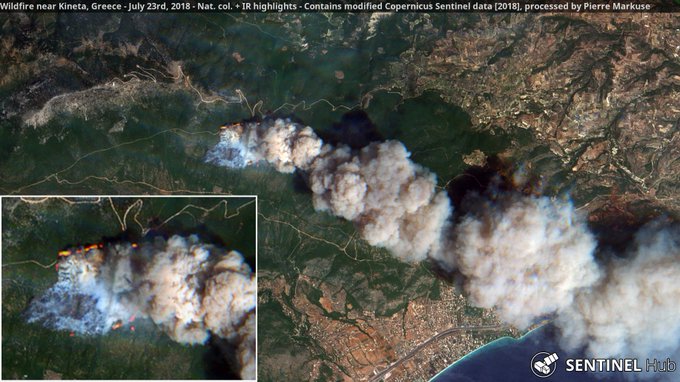 Wildfire near Kineta, Greece. July 23rd, 2018. Copernicus/Pierre Markuse