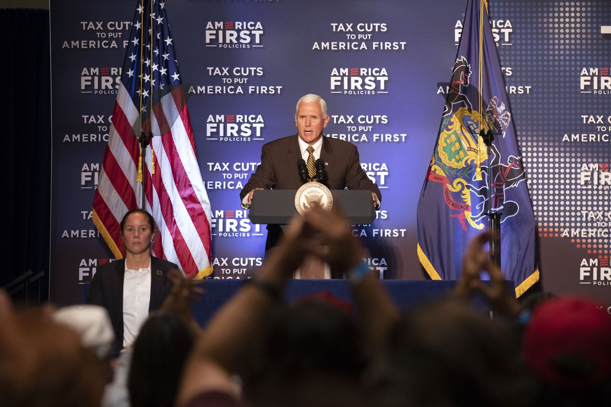 VP45's tweet photo. Great to be in Philadelphia today. @POTUS Trump’s tax cuts are putting more money back in the pockets of Pennsylvania families! Thanks to @RepLouBarletta’s leadership in Congress, the hard-working people of the Keystone State can choose how they spend more of what they earn. https://t.co/Fpul4VsRvU