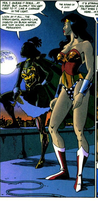 Post-CrisisNu'Bia wears special magical armor with a raised embossed lion's head on its breastplate. Typically when she is about to appear at a new location the lion's head appears as part of the doorway, suggesting that the armor might be the source of this ability.