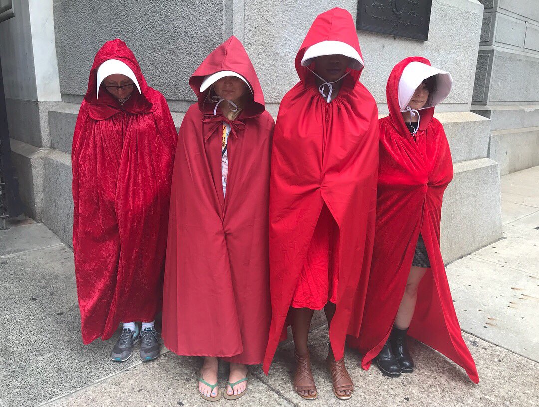 philanow's tweet image. Handmaids are all over the City demanding #TrumpPenceMustGo ! Blessed are the meek, but we are not one of them! We will not summit to fascism and hate! @refusefascismPH #PenceinPhilly #now #refusefascism