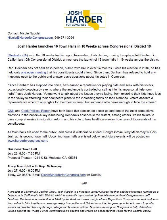 JoshHarder's tweet photo. Very excited to launch our 16 Town Halls in 16 Weeks leading up to the election w/ Congressman @JerryMcnerney. (Ironically on the day of Denham's impersonal 'Tele-Townhall.') Since November of 2016, @RepJeffDenham has hosted a SINGLE TownHall.#IWillWorkHarder #CA10 https://t.co/bKzD90HE26