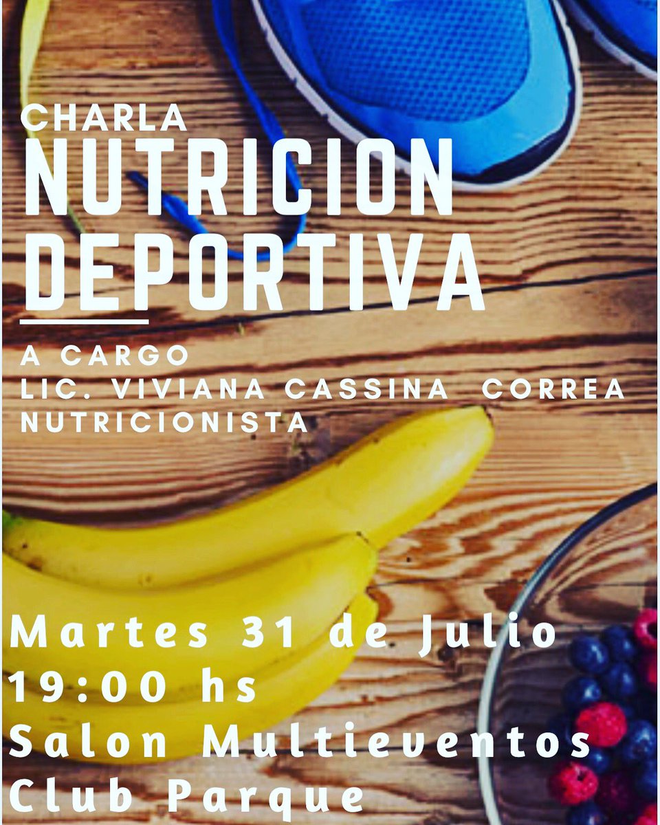 ⚠️ Martes 31 de Julio ⚠️
Daremos una charla de Nutrición deportiva en el salón multieventos a cargo de la Lic. Viviana Cassina Correa, nutricionista. 
‼️ es muy importante tu presencia! 
📥 Entrada Libre y Gratuita 
Los esperamos a todos!! 💪💪💪