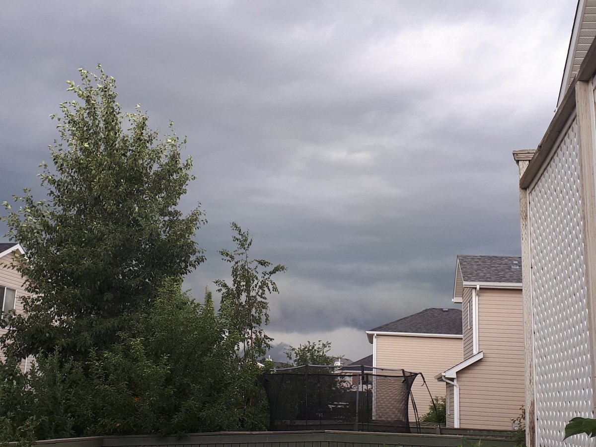 whenitallvegan's tweet photo. #abstorm Hard to tell from my house but looks like a good wall cloud under a shelf cloud in Royal Oak #yyc right now. Lots of thunder. Pic doesn't show how ugly the shelf cloud really is (lighter in photo). Couldnt get the wall cloud in the photo https://t.co/uY0EOi6AU2