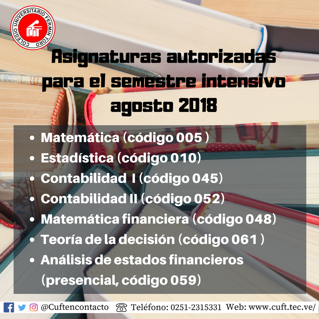 CUFTencontacto's tweet photo. Asignaturas aprobadas para el intensivo agosto 2018.
El próximo miércoles se publicará la fecha y horario del taller de inducción para cada materia virtual que se dictará en el intensivo. 
#Cuft #Barquisimeto #Intensivo #Clases #Universidad https://t.co/WaBQlqcvSY