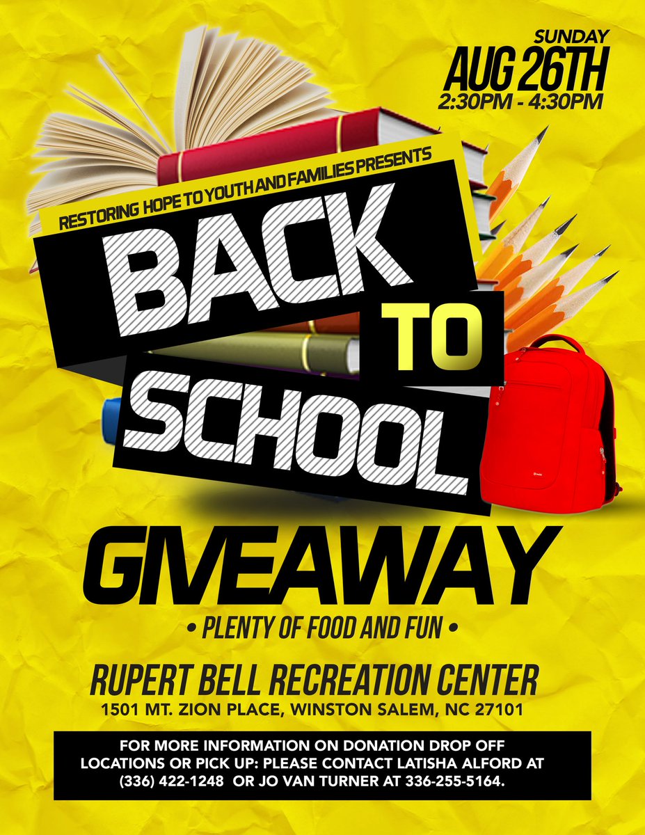 Aggieram's tweet image. Restoring Hope To Youth And Families will be hosting a Back To School Giveaway on Sunday, August 26th, 2:30-4:30 at Rupert Bell Recreation Center.  For drop off locations or pickup, you may call Latisha Alford at 336-422-1248 or Jo Van Turner at 336-255-5164.