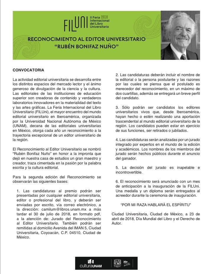 OdetteAlonso's tweet photo. Está por cerrar la convocatoria para el Reconocimiento al #Edictor #Universitario que otorgan la @UNAM_MX @filuniUNAM @CulturaUNAM y @librosunam; esperamos sus propuestas y les pedimos RT, por favor https://t.co/YeH7Sas9sO