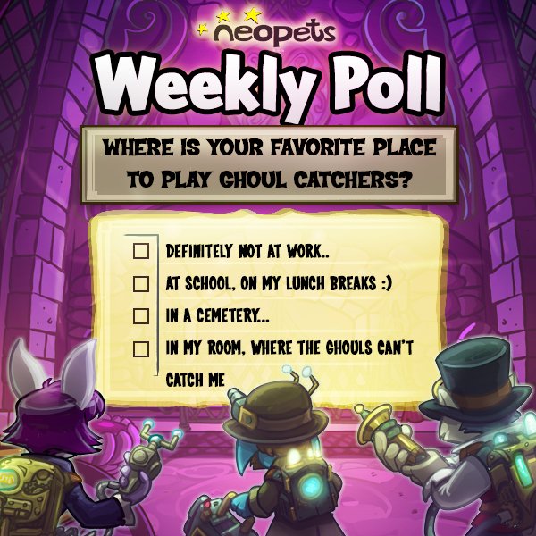 Neopets's tweet photo. You can play Ghoul Catchers absolutely anywhere, but where do you prefer to catch those spooky bois? Cast your vote in this week’s poll! #Neopets #NeopetsApp #GhoulCatchers #iOSGames #AndroidGames #FreeGames #WhoYouGonnaCall
https://t.co/pXyIErYSiM https://t.co/nPmjAwkBYp