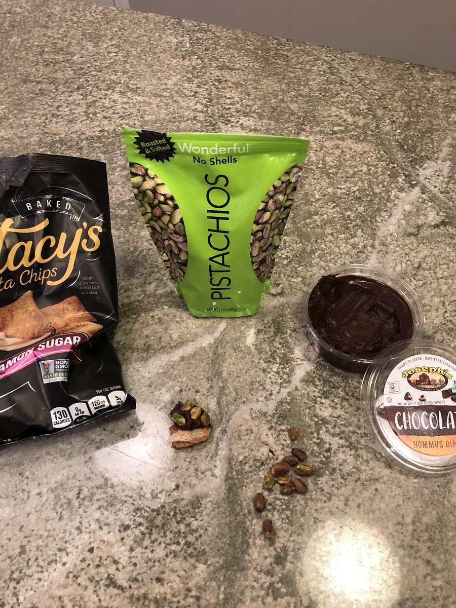 Wife and I having discussion. Am I the first person in the history of humankind to dip a Stacy’s cinnamon sugar pita chip into Joseph’s chocolate hummus aaaand these Wonderful pistachios? Ever? We think I am. Your thoughts? By the way, chocolate hummus is ridiculous.