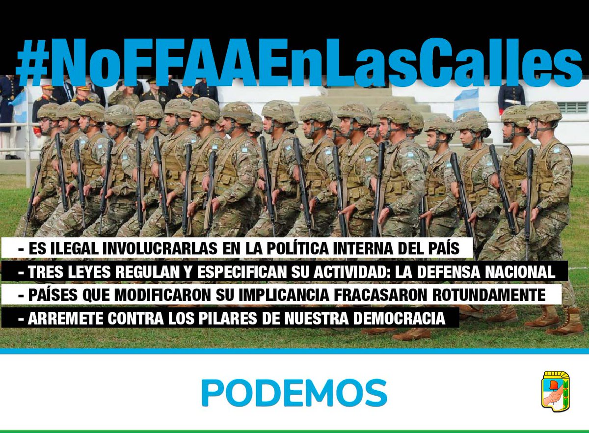 Decimos #NoFFAAEnLasCalles 
❌ Es ilegal involucrarlas en la política interna del país
❌ Tres leyes regulan y especifican su actividad: la defensa nacional
❌ Los países que modificaron su implicancia fracasaron rotundamente
❌Arremete contra los pilares de la democracia