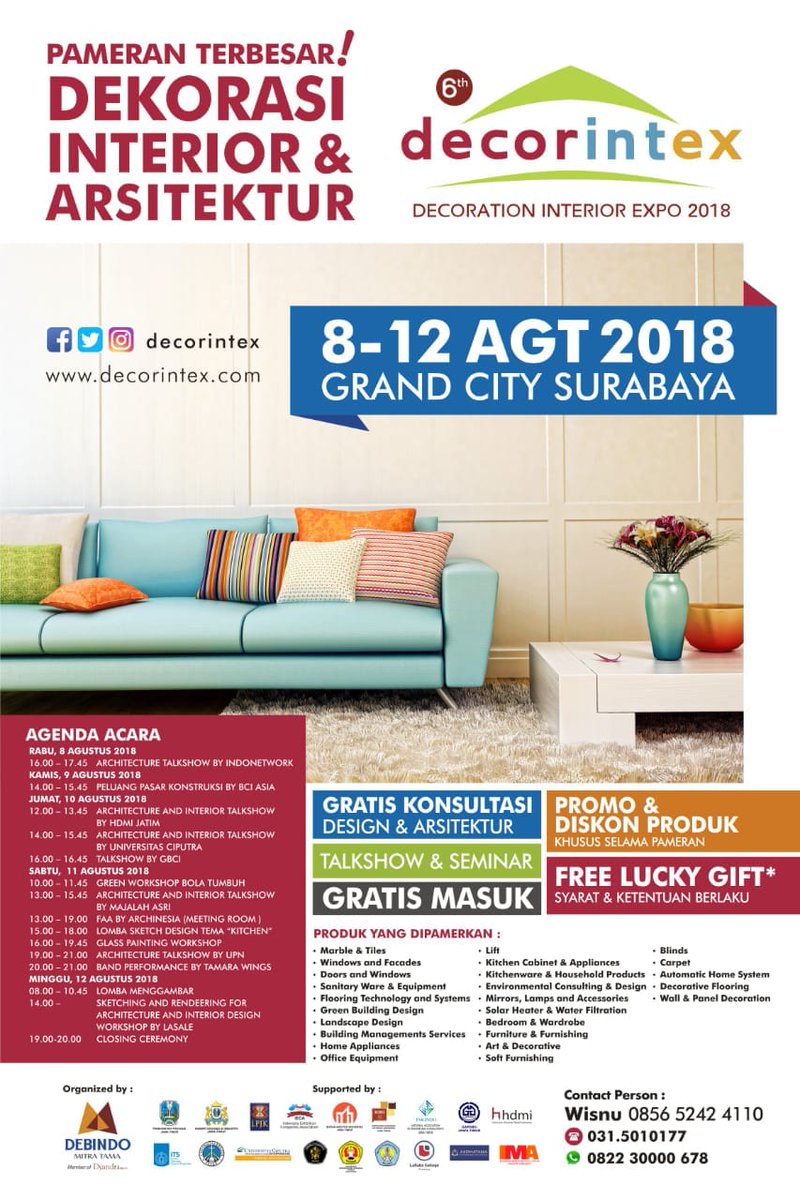 Pameran Terbesar Dekorasi Interior &amp; Arsitektur DECORINTEX 2018 , 8-12 Agustus 2018 di Grand City Surabaya.

Pastikan tidak kelewatan melihat banyak koleksi Dan karya designer lokal yang keren-keren.