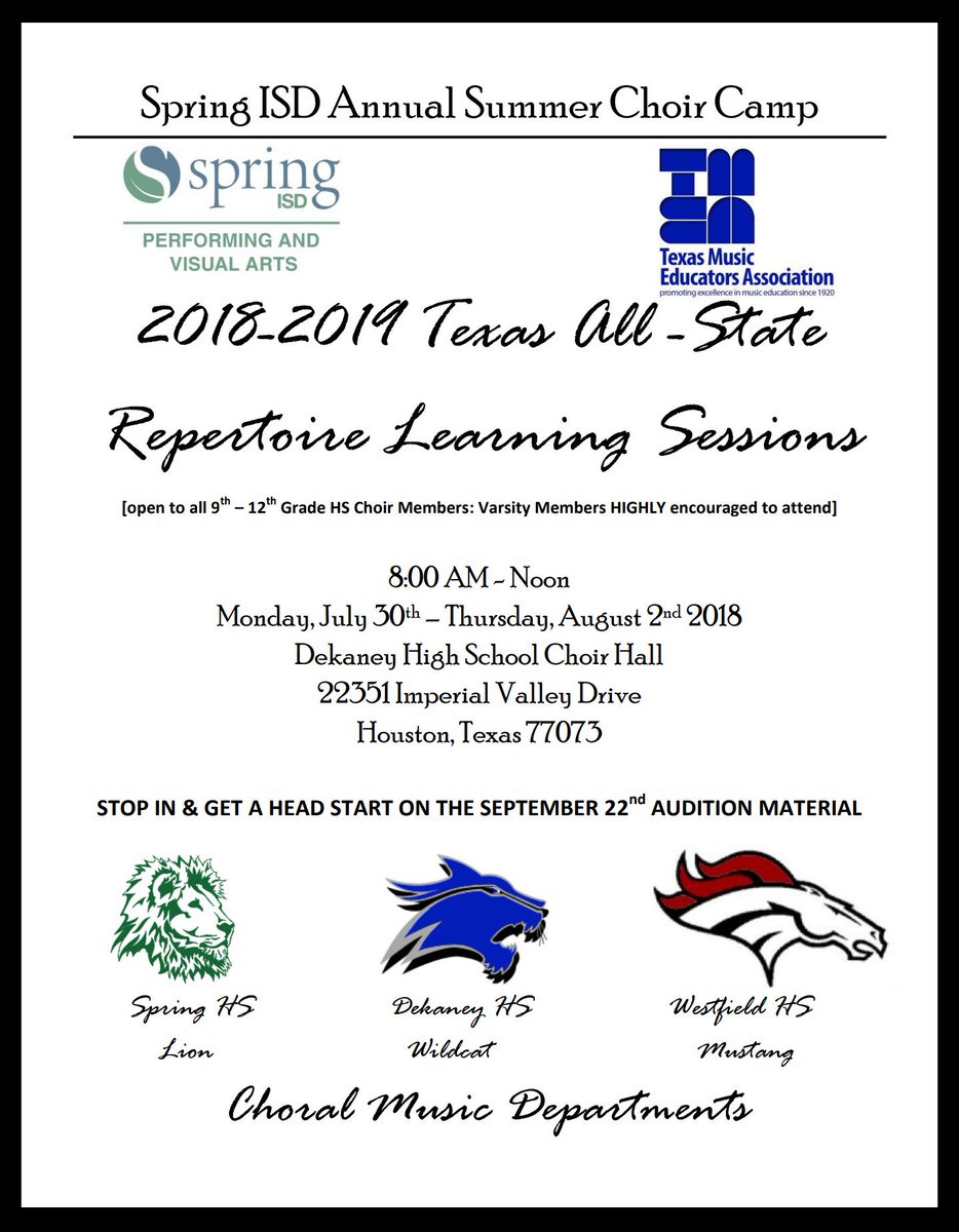 The Second Annual Spring ISD Texas All-State Repertoire Learning Session is one week away! Mark your calendars and pick up your music!!! #mustangmusicmakers