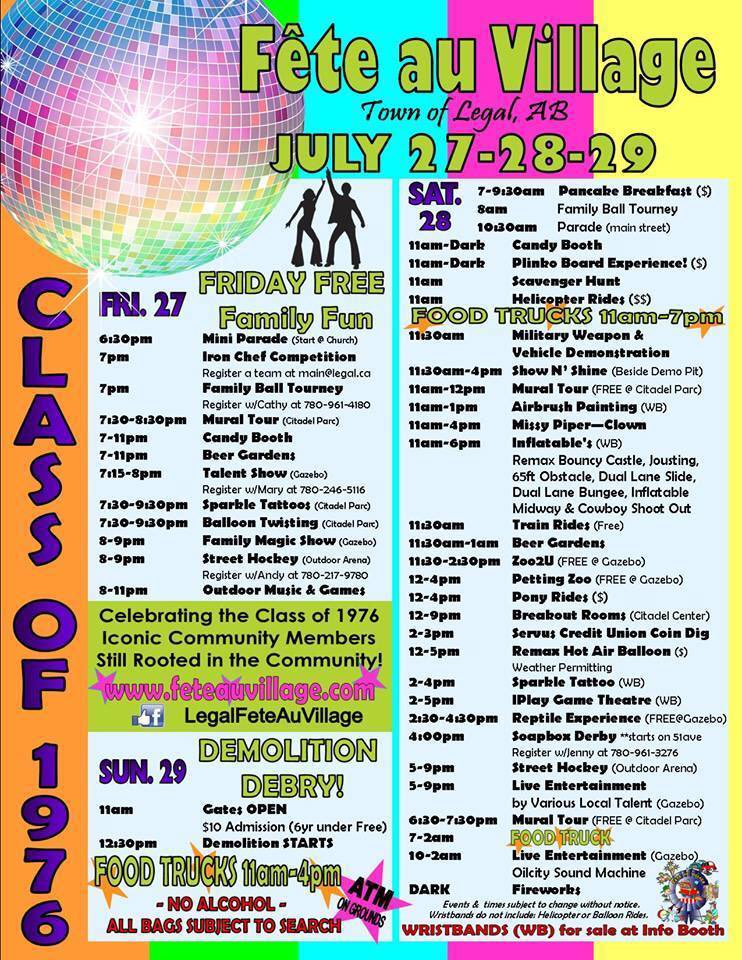 DonutsGo's tweet photo. The annual Fete au Village Festival will be held July 27-29, 2018. Join us as we celebrate the French Culture of Legal's pioneers as well as reunite with family and friends. This year we are celebrating the class of 1976! https://t.co/Hk4V3oHfAF