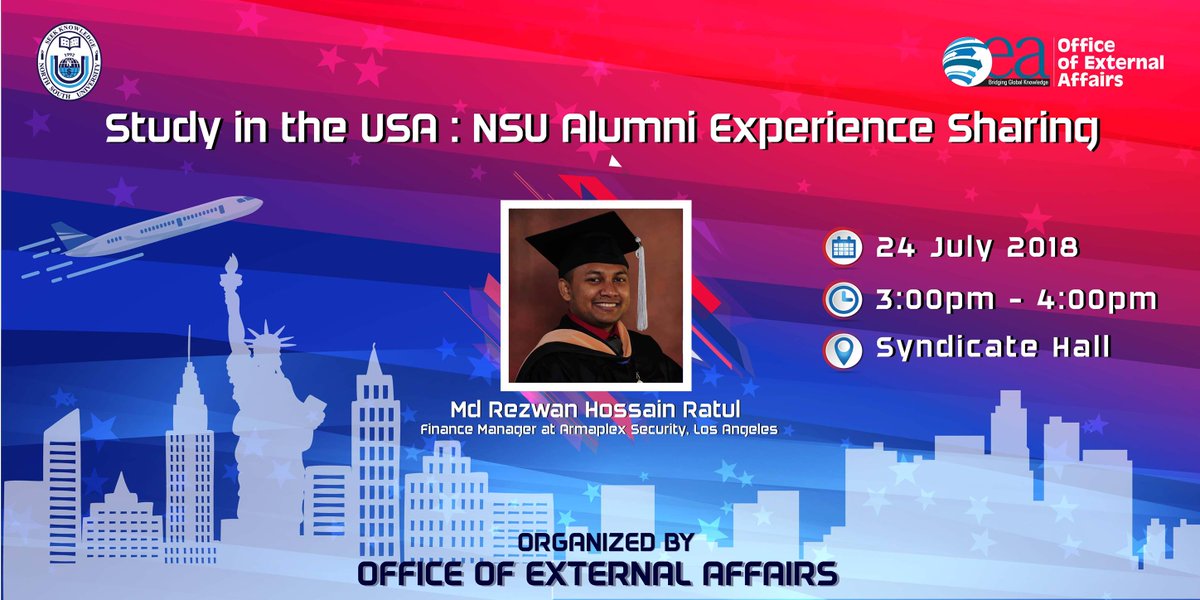 nsuoea's tweet photo. One of our very own @NorthSouthU alumni is going to share his experiences about studying in the USA on the 24th of July. Those who are planning to go abroad for higher studies should not miss this wonderful opportunity! We'll be waiting to see you! 

#NSU #alumni #HigherEducation https://t.co/gFOn1Ebk0j