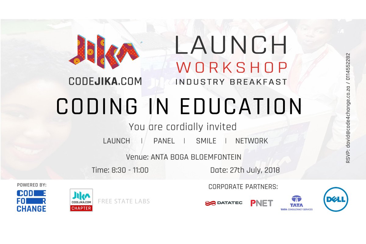 Code4ChangeSA's tweet image. Pre-launching @CodeJIKA Movement in #Bloemfontein Free State - #Codinginschools #codingclubs #ecosystem #changing how we think about #education #socialenterprise
eventbrite.com/e/codejika-lau…