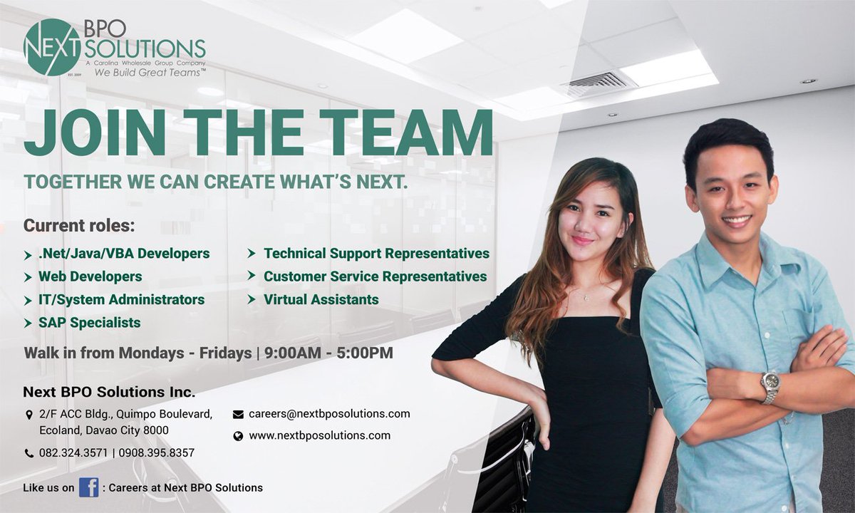 staffphilippine's tweet photo. If interested, email your updated resume to careers@nextbposolutions.com
Visit us at G/F ACC Bldg., (beside Yellowfin Restaurant ) Quimpo Boulevard, Ecoland Davao City. Walk-in from Mondays-Fridays | 9:00AM-5:00PM
Website: https://t.co/b2j1CQlN3r https://t.co/J5zGwlej65