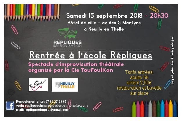 Repliques_Impro's tweet photo. Profitez bien des vacances !
La rentrée à l'école des @Repliques_Impro c'est le 15 Septembre, organisée par la Cie TouFoulKan (@KanFoul ) ! https://t.co/QVqlsUdFSR