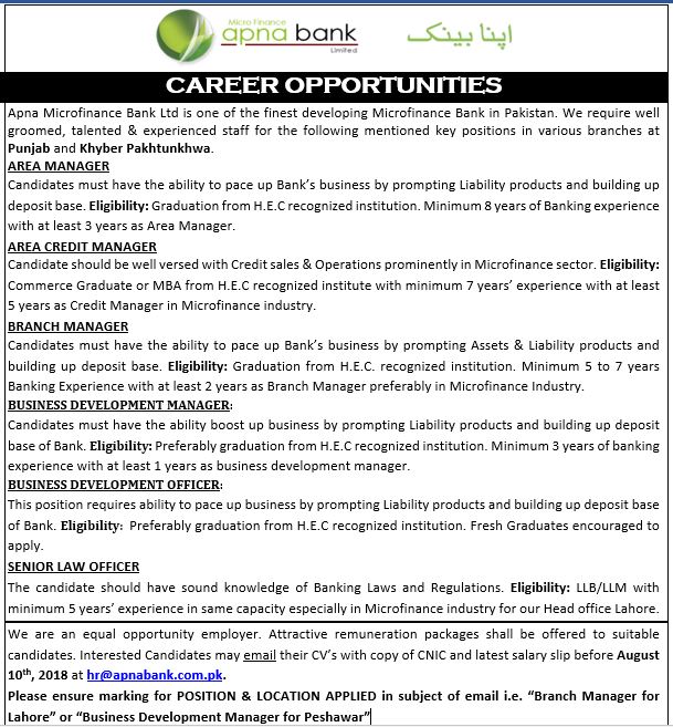 amfbl's tweet photo. #ApnaMicrofinanceBank is looking for well groomed, talented &amp; experienced staff for the following mentioned positions:
 - Area Manager
 - Area Credit Manager
 - Branch Manager
 - Business Development Manager
 - Business Development Officer
 - Senior Law Officer https://t.co/4xAHxm2I8o