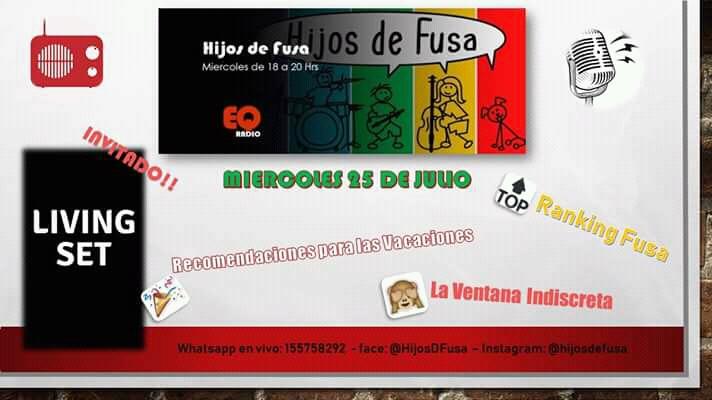 Este miercoles en #HijosDeFusa se viene un programón!!.. van a estar de banda invitada #LivingSet y no se lo pueden perder!!!.. 💣💣💣

#LivingSetEnHijosDeFusa #ComunidadFusa #Música #BandasInvitadas #EQRadio #Miercoles