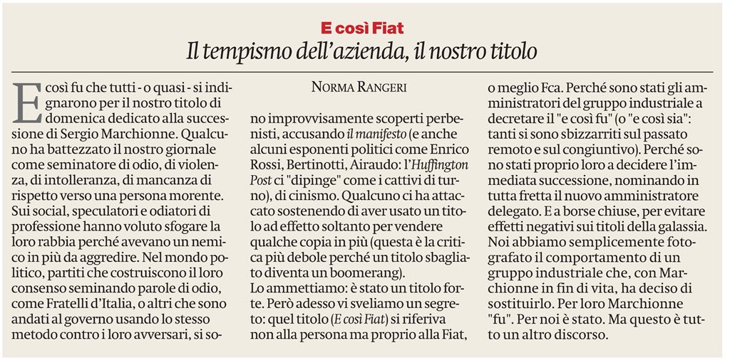 francofontana43's tweet photo. In tante anime belle si sono scandalizzate per il titolo di domenica de @ilmanifesto dedicato alla successione di Marchionne (“E così Fiat”)
Oggi l’editoriale-risposta del direttore Norma Rangeri https://t.co/rBw3VBQTLO