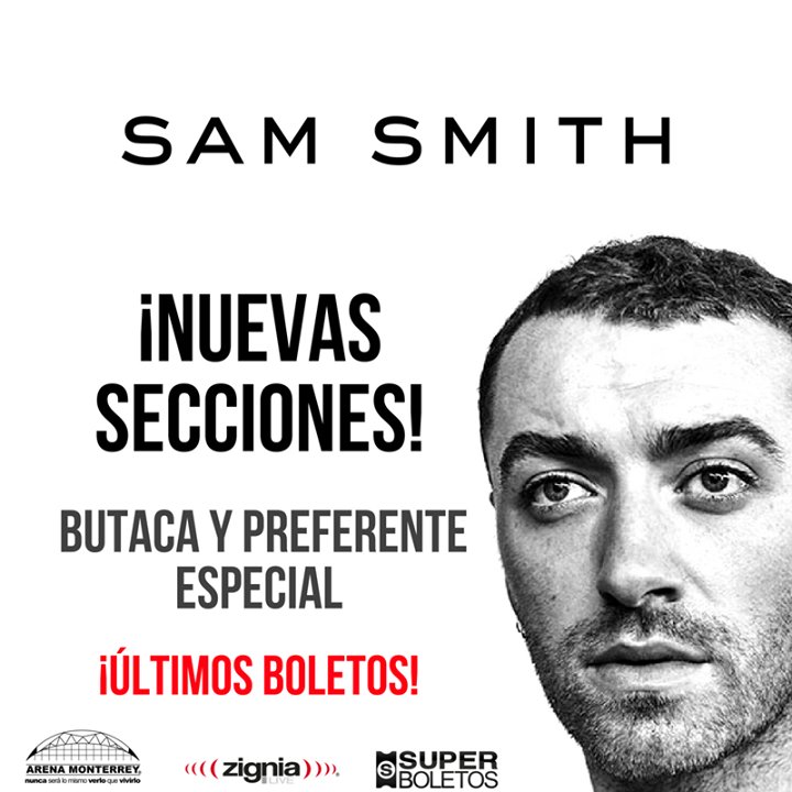 ¡No te quedes sin escuchar la grandiosa voz de SAM SMITH! 🎙🎶

Contamos con nuevas secciones 🙌

Consigue tus boletos en Taquillas de la Arena Monterrey, Puntos de Venta y Superboletos.com 👉 bit.ly/2F5ovF0 🎟🎟