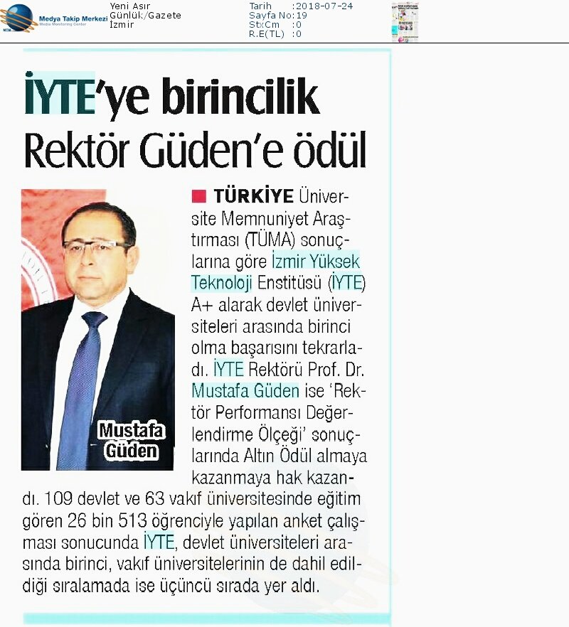 İYTE ve Rektör Prof. Dr. Mustafa Güden'in başarısı basinda...