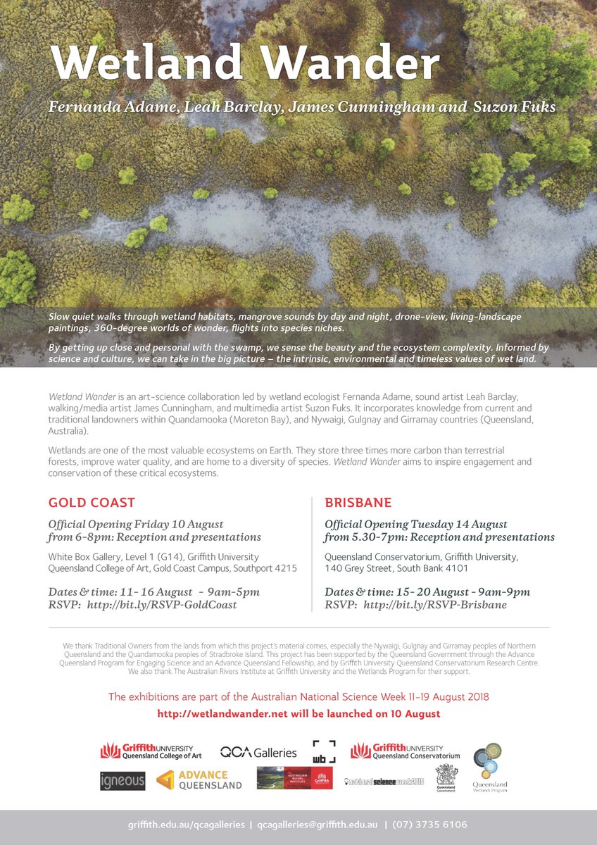 #wetlandwander is an art/science exhibition being launched on the 10th of August!!! 

An exciting project which see's @GriffithARI's @fern_adame work with  @suzonfuks, @LeahBarclay and @BioScapes.

@Griffith_Uni @Griffith_ENV @GU_Sciences @Griffith_HDR @QldCon_Griffith.