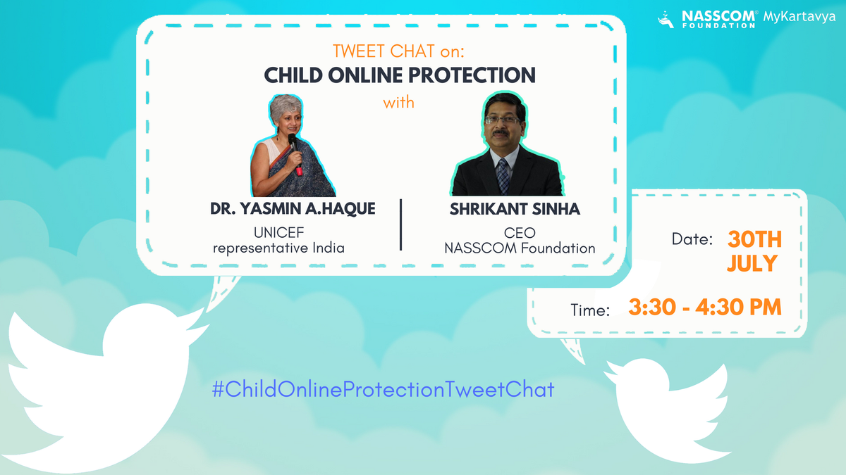 nasscomfdn's tweet photo. Join us on the 30th July for #ChildOnlineProtectionTweetChat with @DrYasminAHaque and @ShrikantNF. Join the discussion and feel free to ask questions, to keep you children protected in the #online world | #childonlineprotectionmykartavya #CyberSecurity #onlinesafety https://t.co/oKX4foU21m