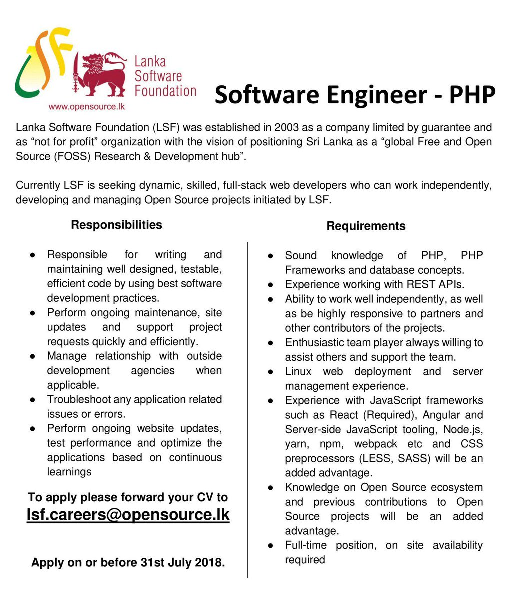 sanjiva's tweet photo. Lanka Software Foundation is looking for a full stack engineer to work on software to help improve education information in Sri Lanka. 

This is part of LSF’s efforts to write software to help improve the country.

Advert image attached. Please RT as appropriate. https://t.co/K8QZGQqMjF