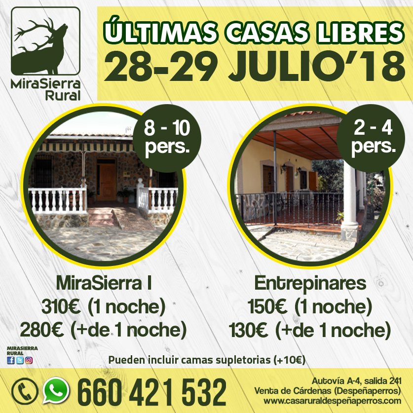 RuralMirasierra's tweet photo. Últimas Casas Libres para este Fin de Semana – 28 y 29 de Julio - 
¡¡HAZ YA TU RESERVA !! - Telf 660 421 532
https://t.co/gTlDHbr3fR
MIRASIERRA RURAL Casas Rurales
Autovia A4 Madrid – Andalucía - Salida 241
VENTA DE CARDENAS (Despeñaperros) Ciudad Real https://t.co/l6ycAJ2Ndn