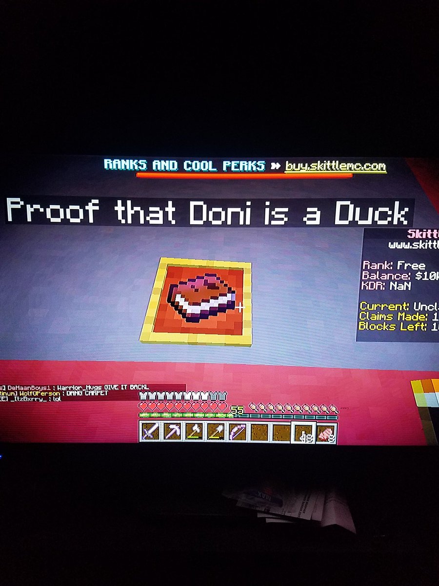 SUPERICEMANJR's tweet photo. 3rd day on the server and I found this gem.
@rgaminecraft @DoniBobes #DoniTheDuck #RGooseA xD #JK #5UP3R1C3M4N https://t.co/9Qs04k1BqA