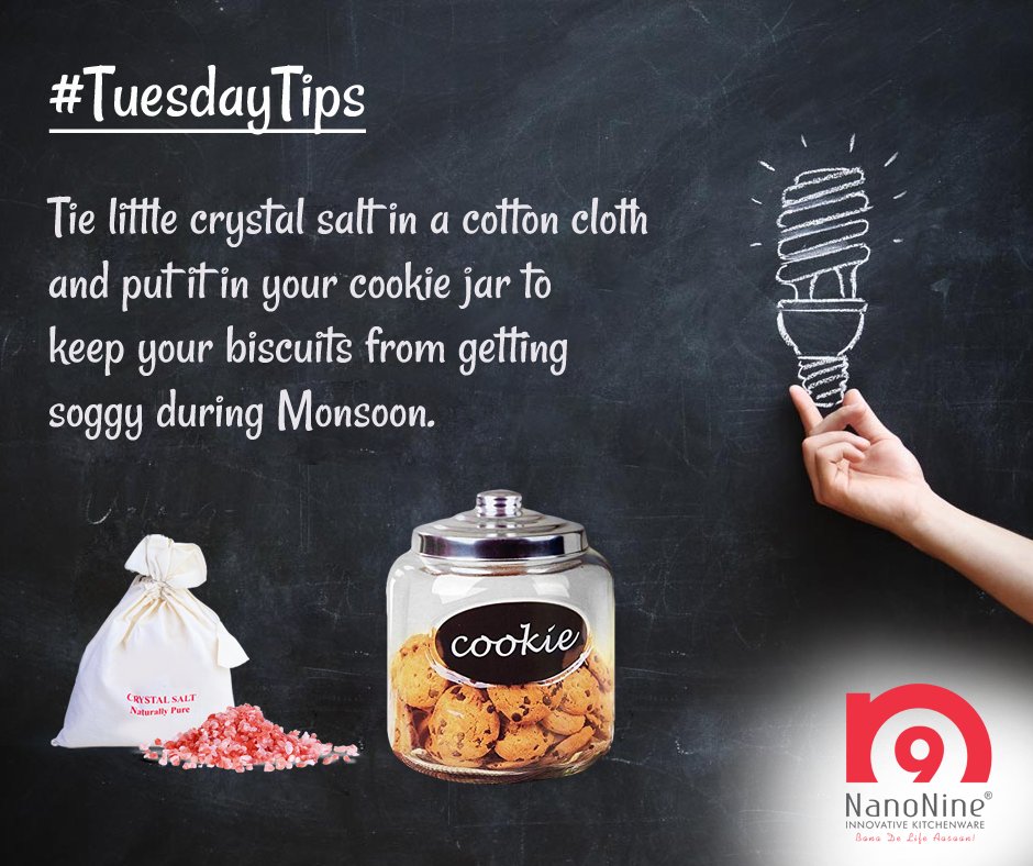 NanoNineOnline's tweet photo. Tie little crystal salt in a cotton cloth and put it in your cookie jar to keep your biscuits from getting soggy during Monsoon.
#TuesdayTips #NanoNine #CrystalSalt #MonsoonTip #CookieJar https://t.co/MIVkLNsYpR