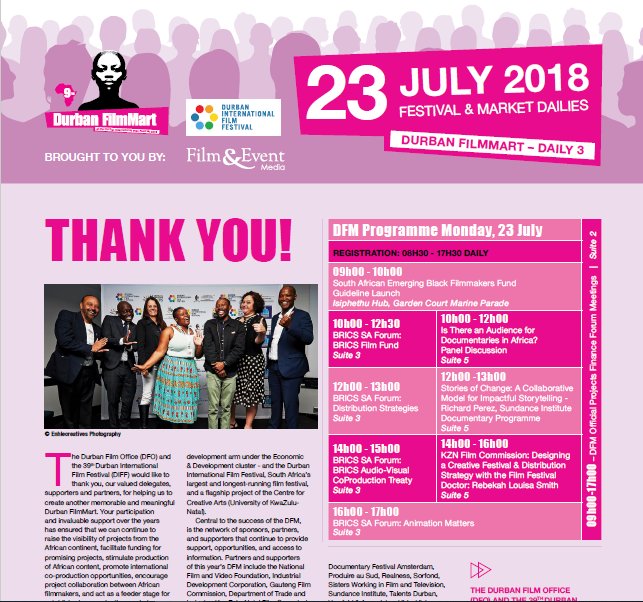 TheCallsheetSA's tweet photo. The @durbanfilmmart was a raging success. Missed it? You can recap and discover all the most important stories from this year's event in the official Durban FilmMart Daily Newspapers. #DFM2018 #SAFilm
Read them here:
https://t.co/ndYcd59qW3 https://t.co/BbQc707b3H