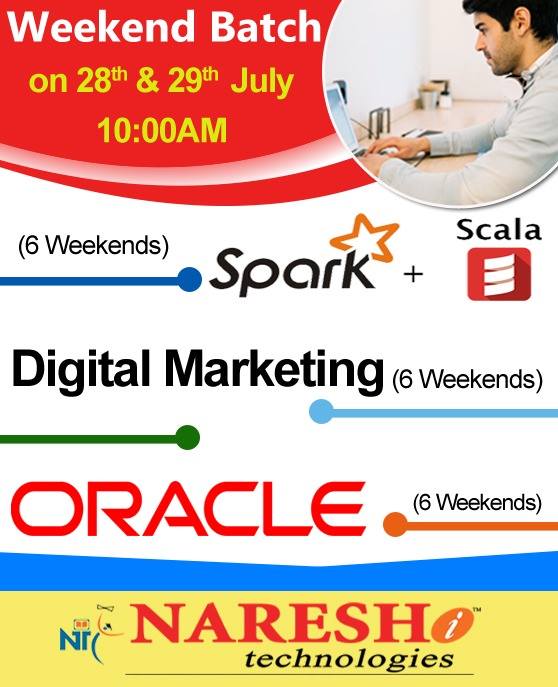nareshitech's tweet image. Attend #WeekendTraining by Real-Time Experts on 28th & 29th July @ 10:00 AM
#SparkwithScala #DigitalMarketing #Oracle
Visit Our Website: nareshit.in/weekend-traini…