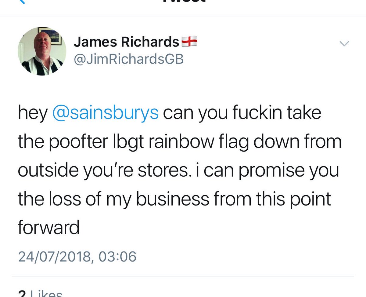 customercaring's tweet photo. Hi @JimRichardsGB. It’s one of the reasons we keep it up, to ensure we don’t get t**ts like you in store. 
Please can you remove the English flag from your profile. You’re a disgrace to it. https://t.co/yrDQTm4maF