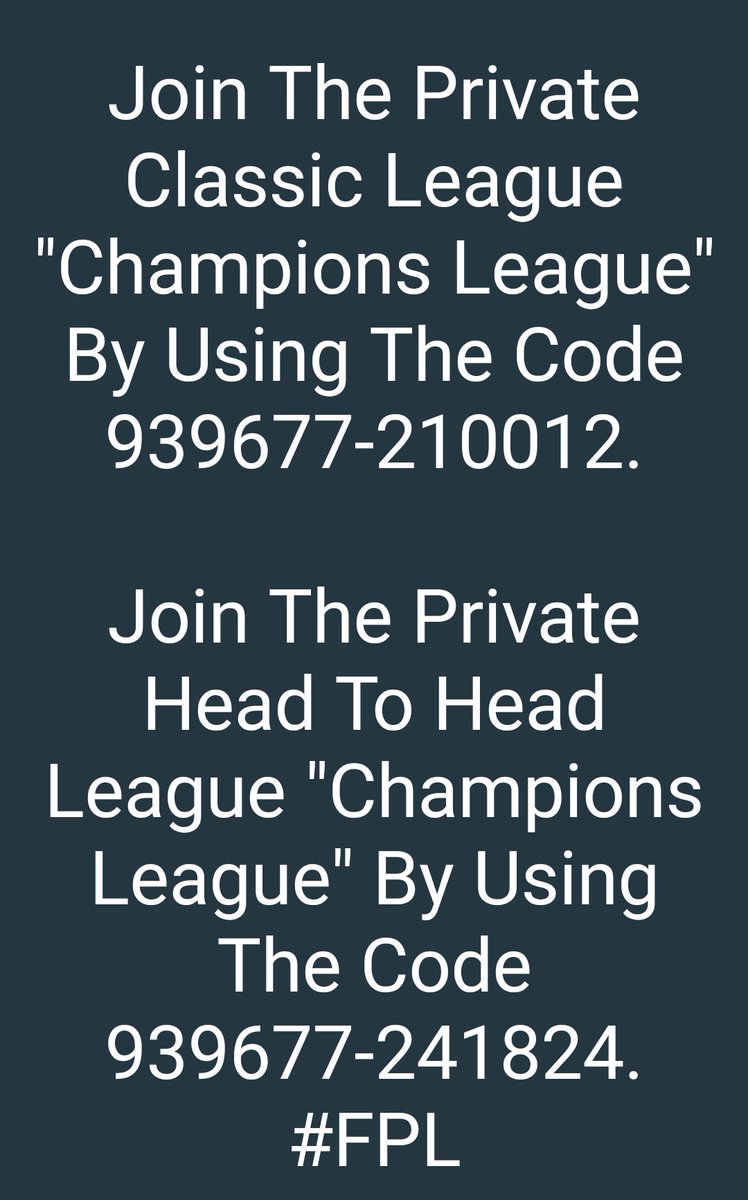 sam7realchelsea's tweet photo. Join The Private Classic League "Champions League" By Using The Code 939677-210012.
Join The Private Head To Head League "Champions League" By Using The Code 939677-241824. #FPL #RAW #TuesdayMotivation #MUFC #Malcom #PIFilms #football #BasketballWives #FCBayern #ChelseaInPerth https://t.co/okrdXrHLZY