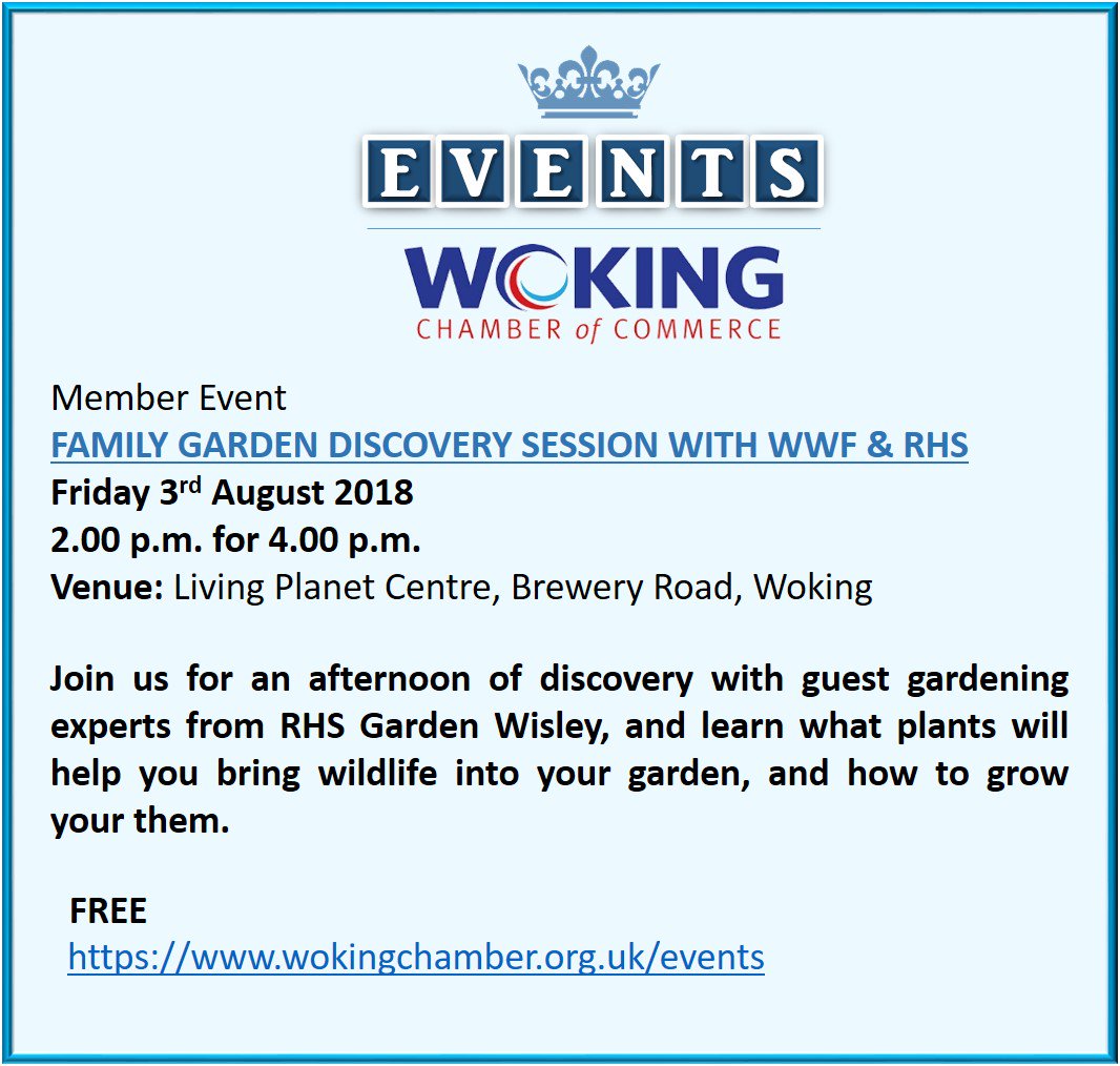 WokChamber's tweet photo. #EventsTuesday - Join the WWF UK and the RHS - Royal Horticultural Society on Friday 3rd August for a garden discovery. #Wearewoking #eventsWoking https://t.co/GFbG26SNa5