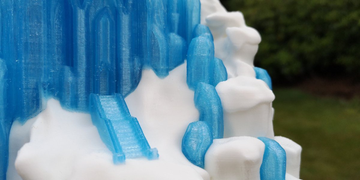 E3printable's tweet photo. Frozen Castle by @kijaidesign in Fillamentum Traffic White and Crystal Clear Iceland Blue. Printed on Craftbot 3. The most beautiful thing I have printed. #fillamentum #3dprinter #kijadesign #3dprinted #iceland #blue #craftbot3 #stunning #dualprint #castle #frozen #frozen❄️ https://t.co/OcjfAqpZ9I
