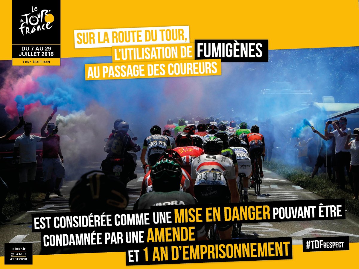 LeTour's tweet photo. ⚠STOP⚠
STOP aux fumigènes sur la route du Tour, vous risquez : 
❌ 1 amende 
❌ 1 an d'emprisonnement 
Respectez les coureurs, respectez @LeTour. La fête n'en sera que plus belle. 
⚠STOP⚠
STOP the smoke on the Tour route, you risk:
❌ 1 fine
❌ 1 year imprisonment
#TDFrespect https://t.co/MQU3bV2PaA