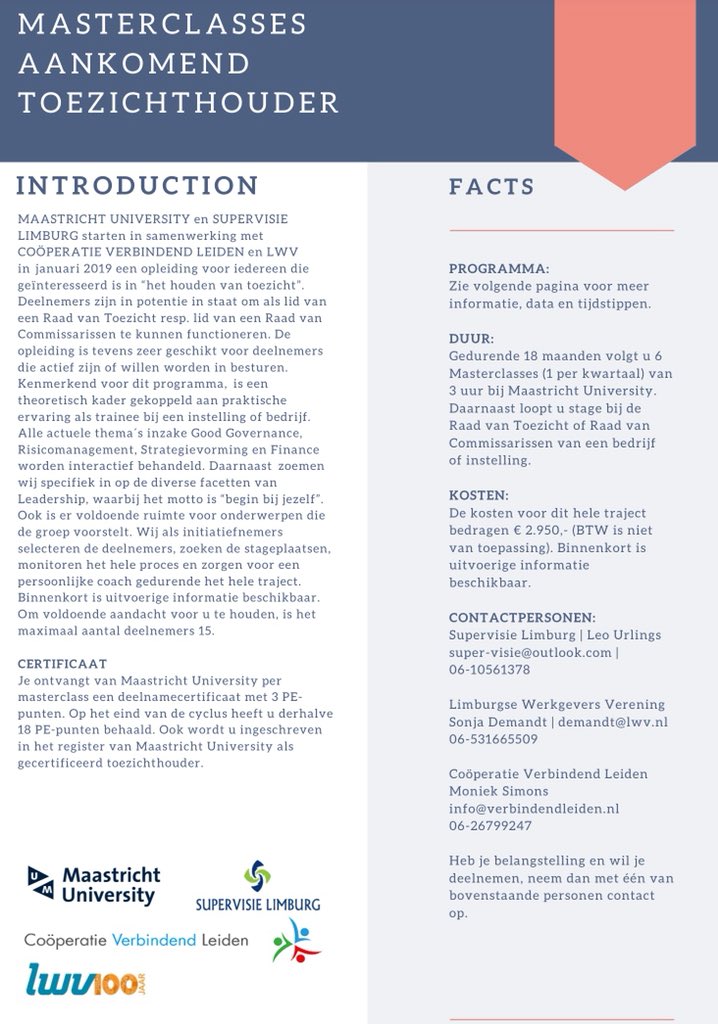 26 juni lanceerden wij de opleiding Masterclasses Aankomen Toezichthouder. De belangstelling is enorm en de aan meldingen stromen binnen. Inmiddels hebben wij uitgebreide info. Interesse? Check onze site voor alle info verbindendleiden.nl/blog/