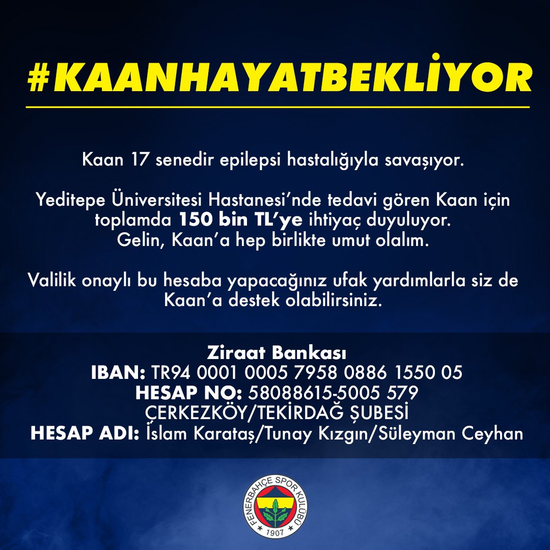 Fenerbahçeli olmanın her şeyden önce iyi bir insan olmak olduğunu bilen taraftarlarımızın başlattığı #KaanHayatBekliyor hareketine herkesi davet ediyoruz.