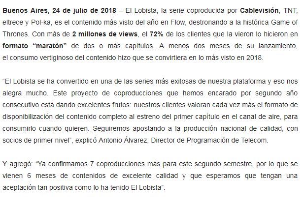 jcrettaz's tweet photo. #ElLobista, la serie de Telecom/TNT/eltrece/Pol-ka, es el contenido más visto del año en Flow: 2 millones de views (72% en maratón de dos o más capítulos) #contenidos #convergencia #Argentina https://t.co/7wOiAySOMt