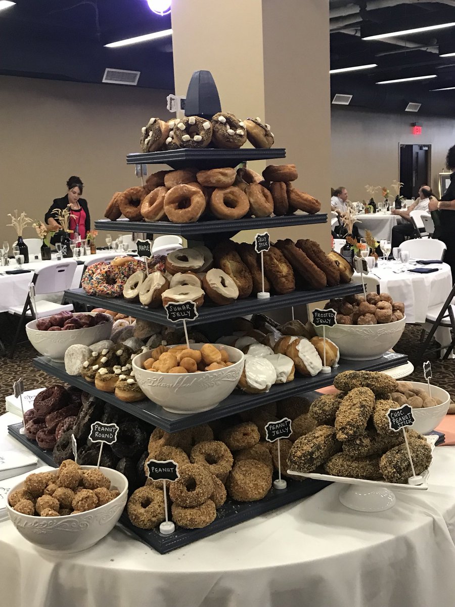 BataviaDowns's tweet photo. All you need is love ❤️ and donuts 🍩! Here’s a picture of our donut tower from a beautiful wedding this weekend! Call Kathi at (585) 344-6143 to find out how we a part of your big day 💍 
#bataviadowns #bataviaevents #wedding #geneseecounty #bataviadownsgaming #donuts https://t.co/xH6MlzPx4A