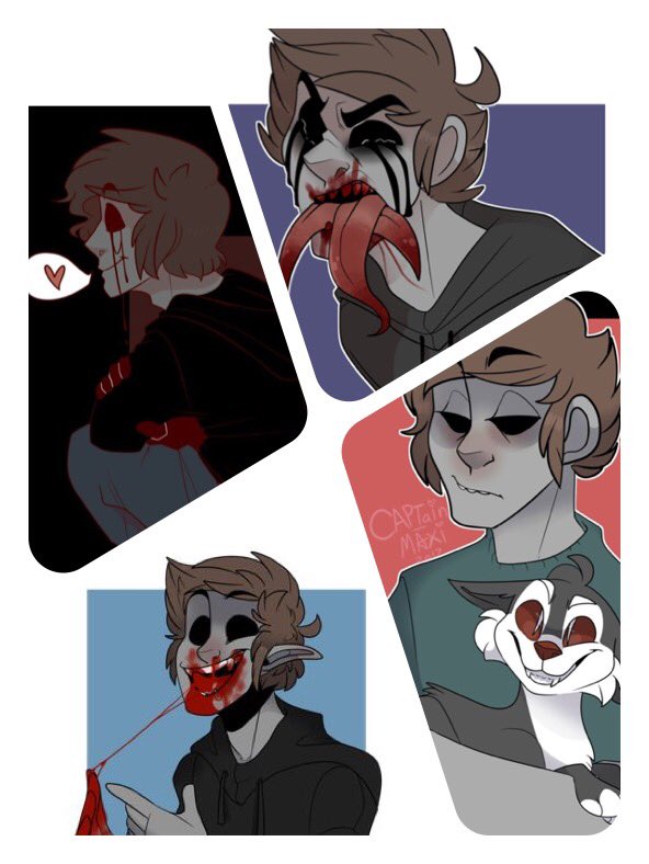 “I’m fucking starving for a little taste of you. I mean uh— food.“

→eyeless jack
→detailed rp (feel free to dm a starter!)
→ gay &amp; a bit ooc 
→ roleplayer of 5+ yrs
→cannibal &amp; cat-like tendencies &amp; dark themes, blind
→ #creepypastarp

RT?